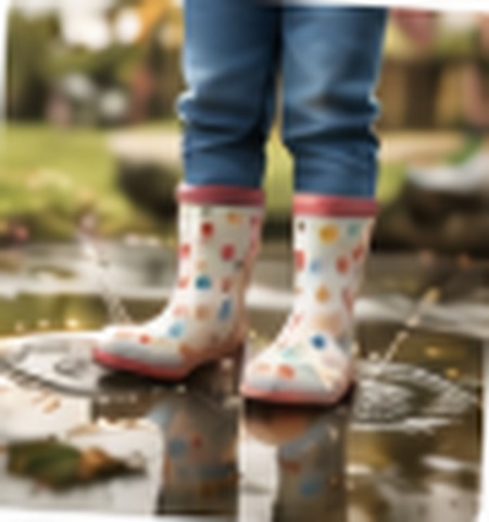 孩子穿著彩色雨靴站在水窪裡